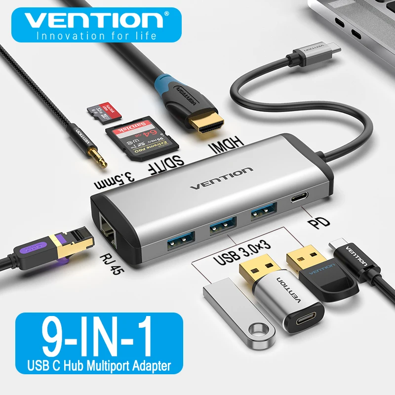 Vention 9-in-1 USB Hub For Macbook Pro Air M1 M2 USB Type-c to HDMI-4K30Hz Compatible Laptop Dock Station PD 100W Fast Chargeing