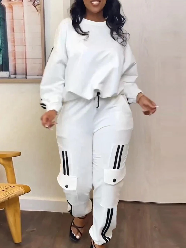 Sets Outifits 2023 Autumn Geometry Print Casual Top & Pocket Design Pants Set of Two Fashion Pieces for Women Tracksuits Female
