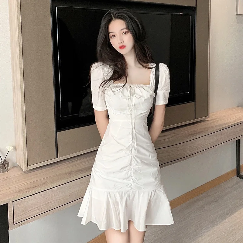 

Summer Chinese Dress Women's Small Waist Slimming Puff Sleeves White Ruffled Fishtail Dress for Children