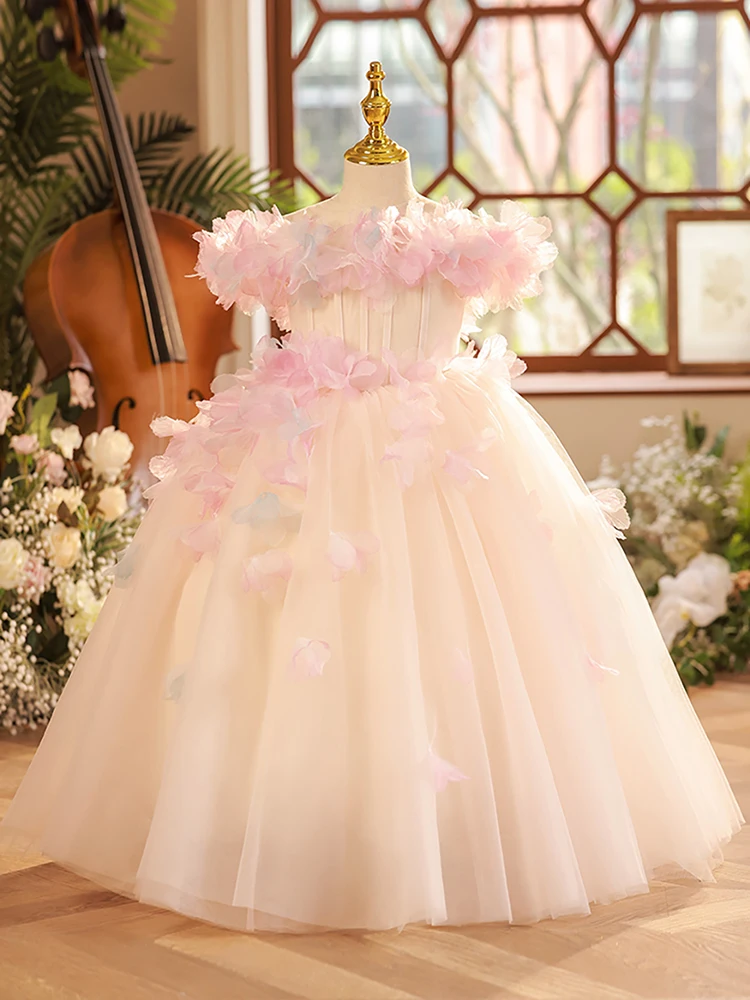 

Chic Flowers Appliques Pink Tulle Princess Dress Kids Girls Long Formal Puffy Dresses Birthday Party Children Performance Gown