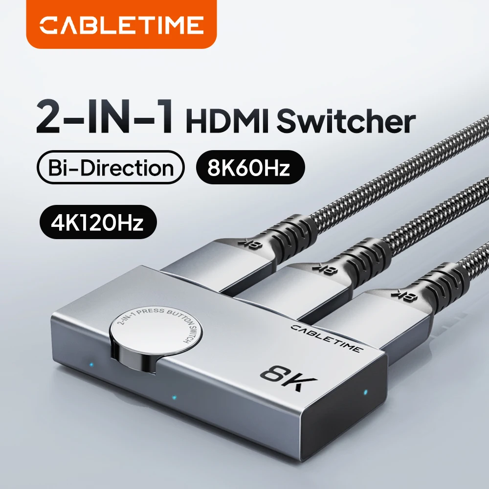 CABLETIME HDMI Splitter 8K 60Hz 4K 120Hz 2-in-1 Umschalter 3D Vision Aluminium-Knopf-Design Adapter für Laptop Macbook Pro Lenovo