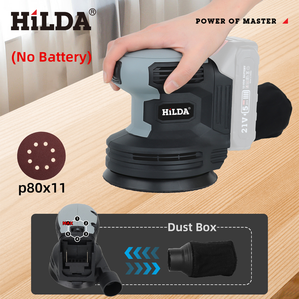HILDA 20V  Eccentric Sander with Suction and Dust Container Orbital Sander with 11 Pieces of Sanding Paper