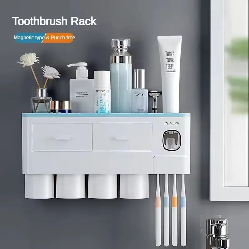 MENGNI Magnetic Adsorption Inverted Toothbrush Holder Wall Automatic Toothpaste Squeezer Storage Rack-Bathroom Accessory