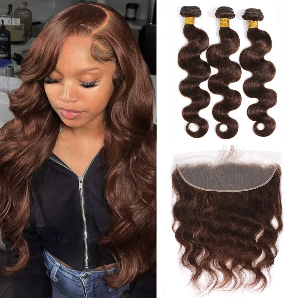 Brown Body Wave Hair Extensions Bundles With Closure #4 Color Brazilian 100% Human Hair Bundles With 13x4 Lace Frontal For Woman