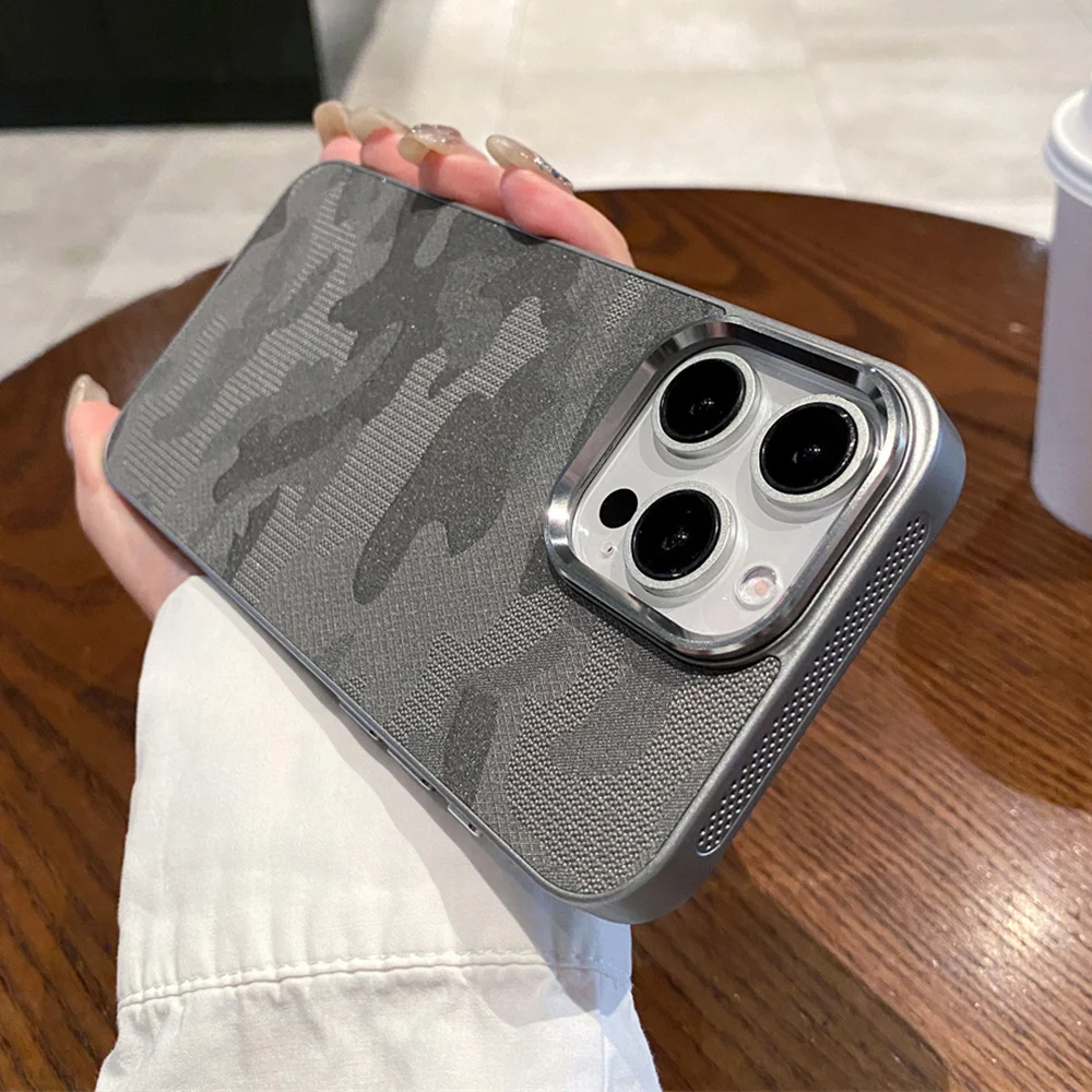 Luxury Camouflage Leather Cooling Frame Phone Case - Plating Shockproof Protective Back Cover