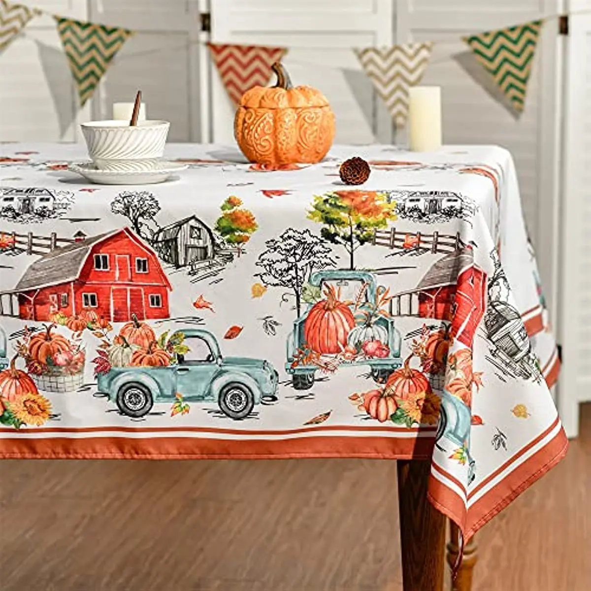 Mantel rectangular impermeable con diseño de calabaza y camión para Acción de Gracias otoñal, ideal para fiestas, picnics y cenas