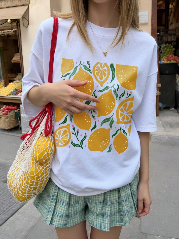 Creative Lemon Fruit Illustration Print Womens Tee Shirt Breathable Summer T-Shirt Cotton Y2K Tops Loose All-Match Streetwear