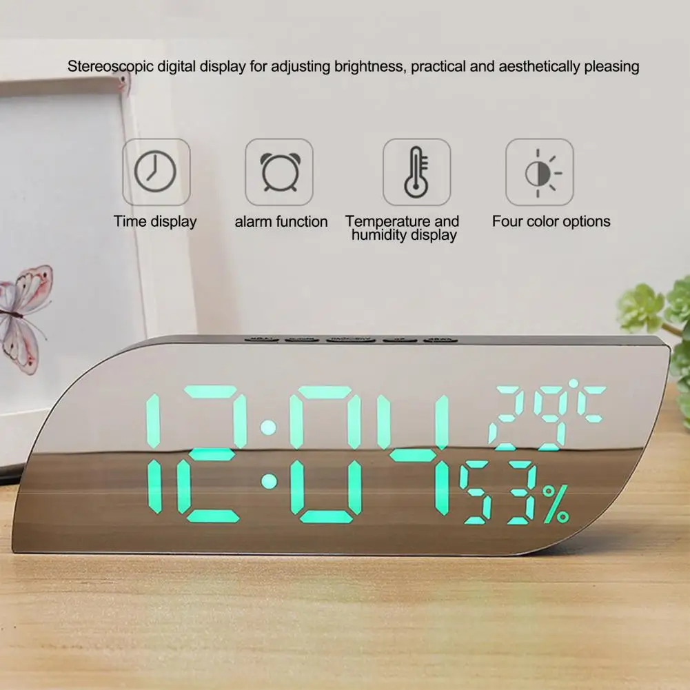 LED Mirrored Digital Alarm Clock with Large Display Auto Dim Alarm Snooze Function Desktop Electronic Clock Bedroom Home Office