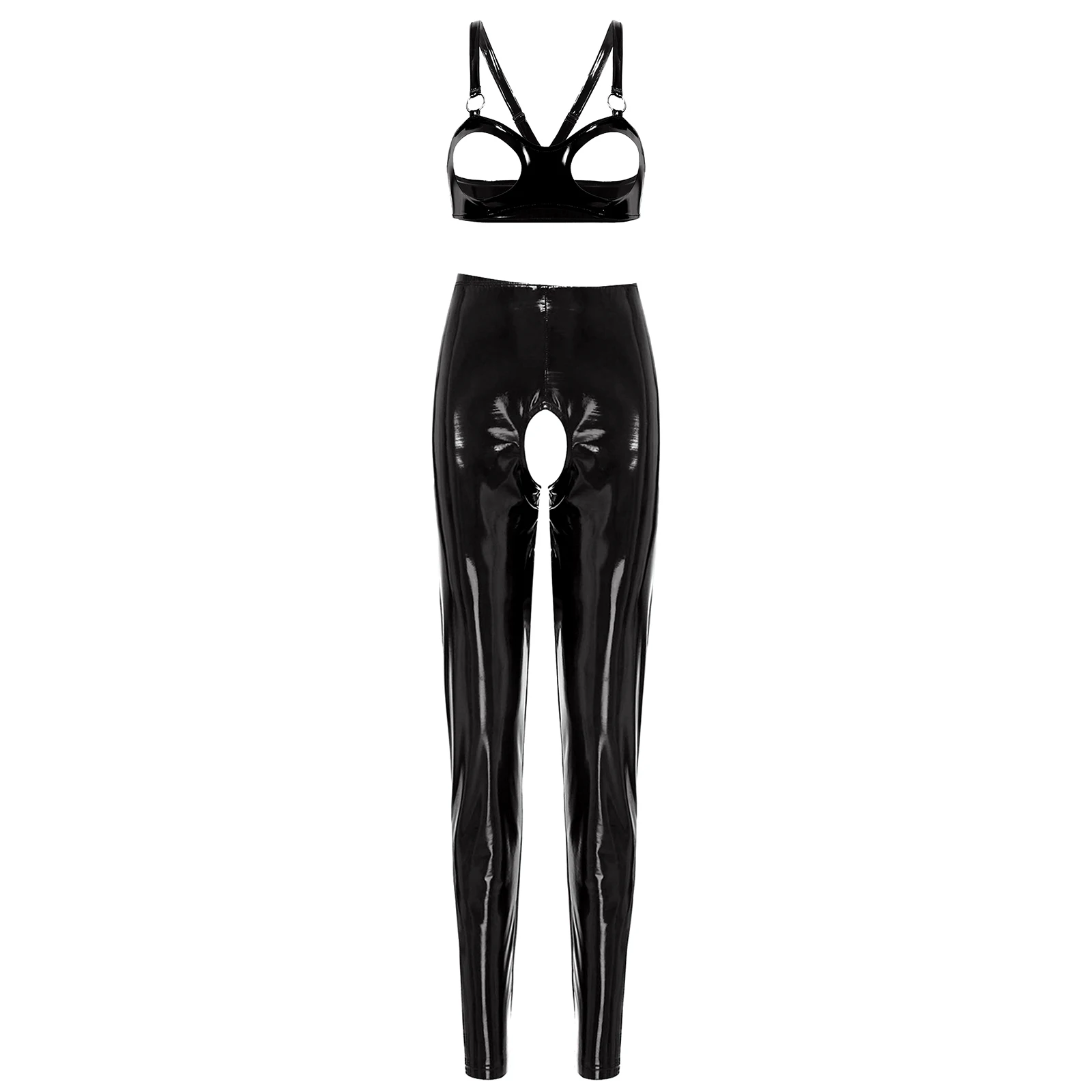 thumbnail image 1 of Conjunto de lencería Sexy de charol con aspecto mojado para mujer, sujetador con copa abierta recortada, Top corto con mallas de cintura alta sin entrepierna, pantalones ajustados, 1 of 5