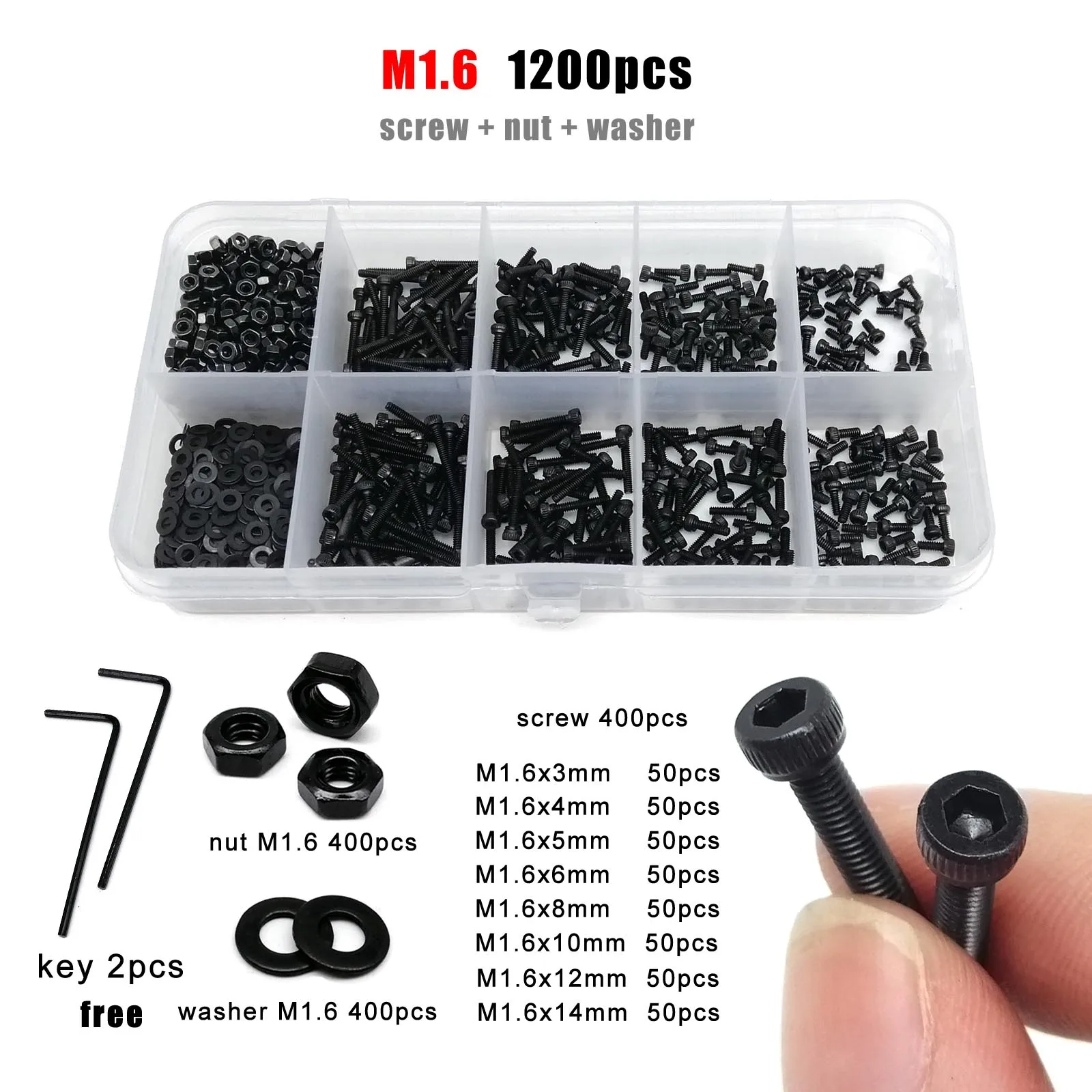 Description Picture 4 of item1 Set M1.6 M2 M2.5 M3 M4 M5 M6 M8 DIN912 Black Grade 12.9 Steel Allen Hexagon Hex Socket Cap Head Screw Bolt Nut Washer Kit Box