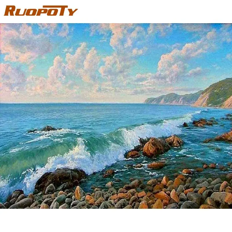 

RUOPOTY живопись маслом по номерам морской пейзаж, ручная роспись, украшение для дома, картины по номеру, городской рисунок, холст, настенное ис...