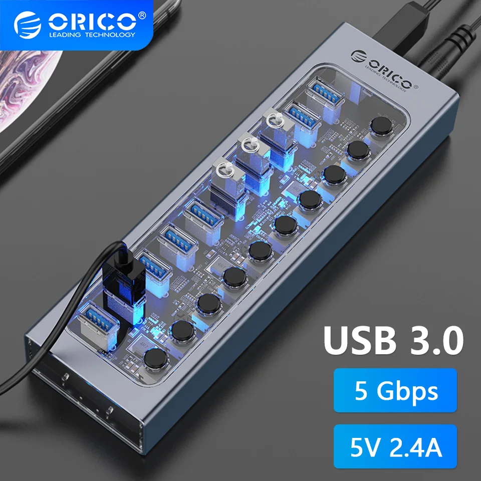 

ORICO Industrial 7/10 Port USB 3.0 Hub Multiple Expander Socket Splitter On/Off Key Switch Dock USB Charger Power Adapter Supply