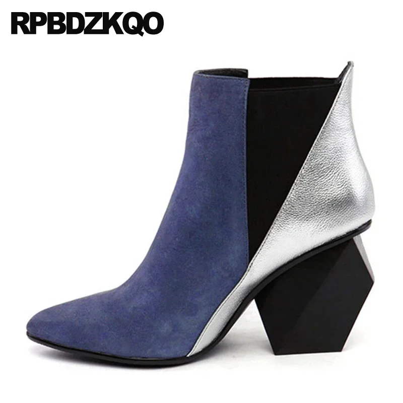 

Chunky Pointed Toe Booties Short Winter Brand Women Boots Genuine Leather Fur Shoes Blue High Heel Chelsea Strange Slip On Ankle