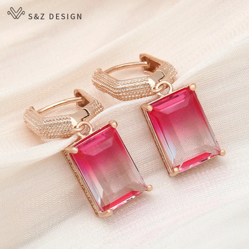 S&Z DESIGN Fashion Colorful Square Imitation Tourmaline Drop Earrings For Women Jewelry 585 Rose Gold Color Vintage Eardrop