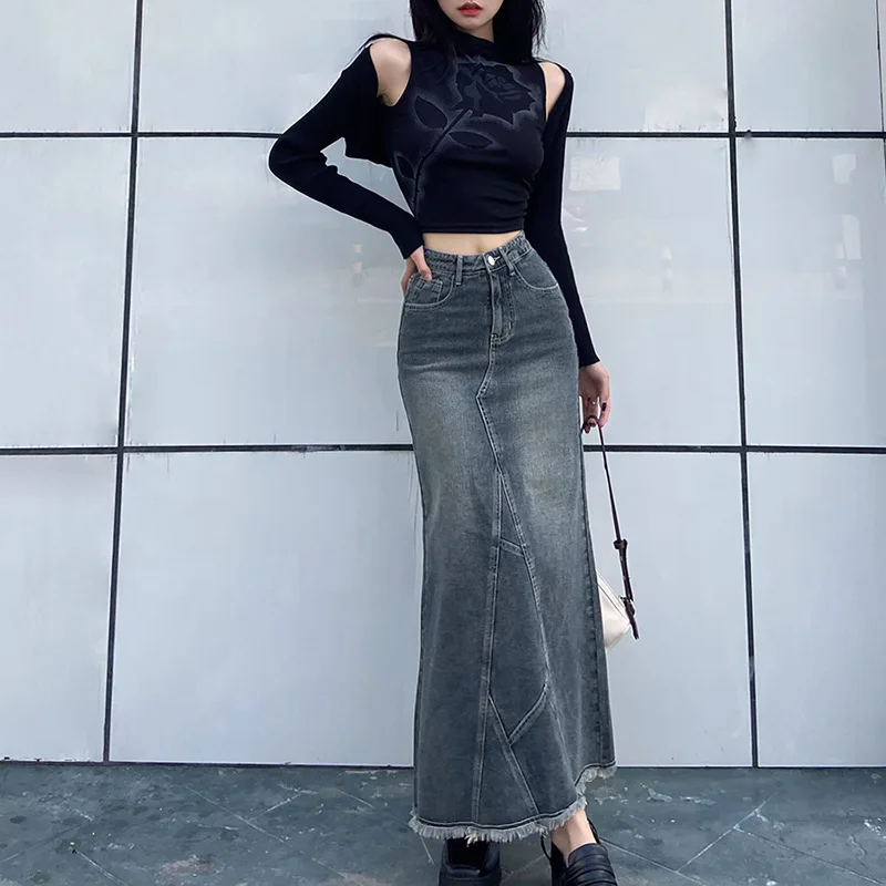 

Women's High Waist Denim Skirt Front Slit Blue Pockets Slim Zipper Fly Midi 2023 Spring Female Casual Streetwear Jean