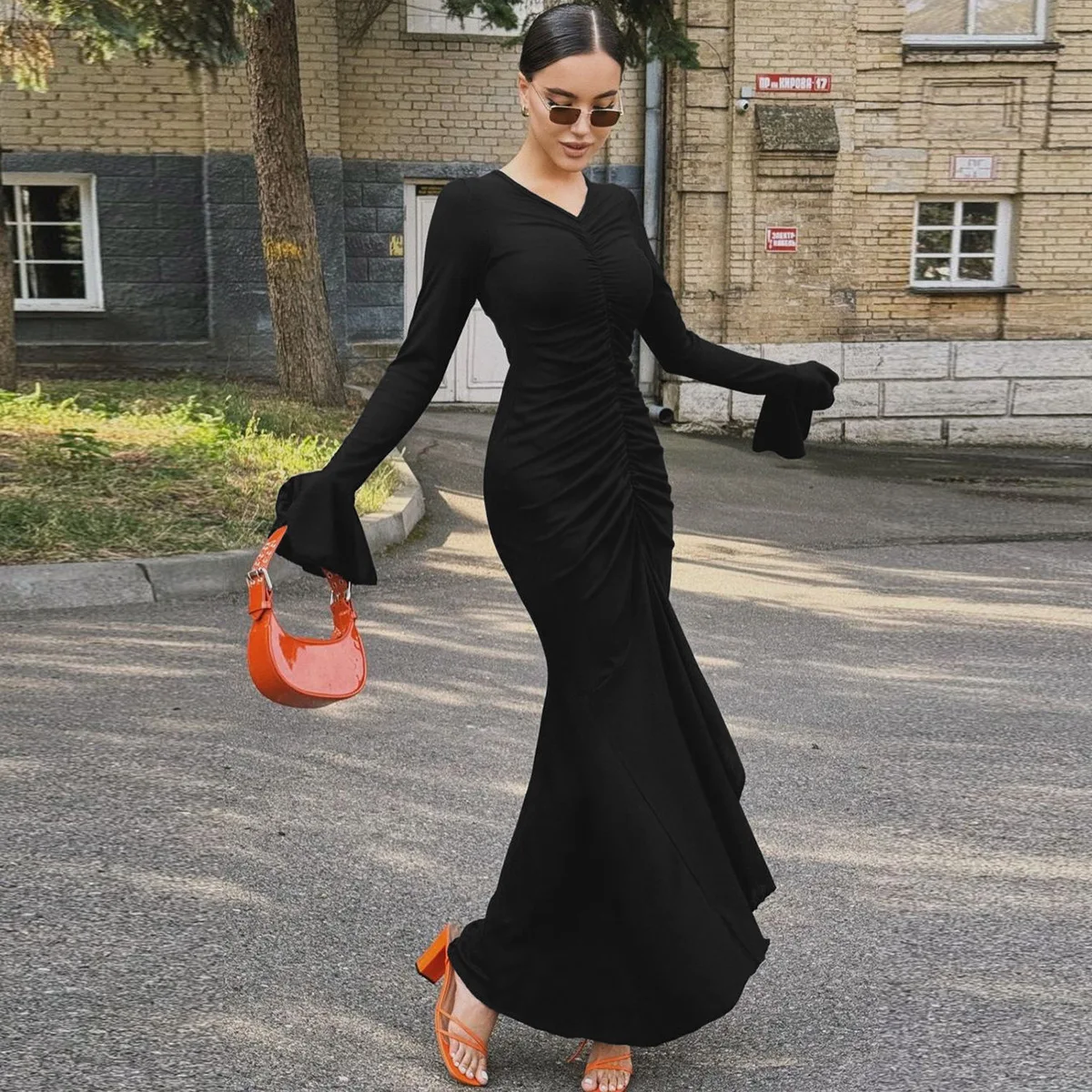 V-Neck Pleated Slim Long Dress Female Fashion Ruffled Patchwork Solid Elegant Party Dress New Women Maxi Dress Streetwear