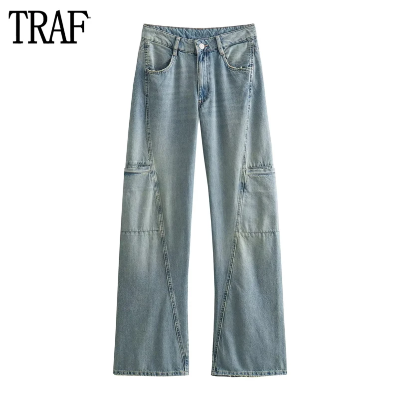 

TRAF Blue Cargo Jeans Women Mid Rise Baggy Pants Woman Zip Straight Leg Jeans for Women 2023 Autumn Faded Casual Denim Trousers