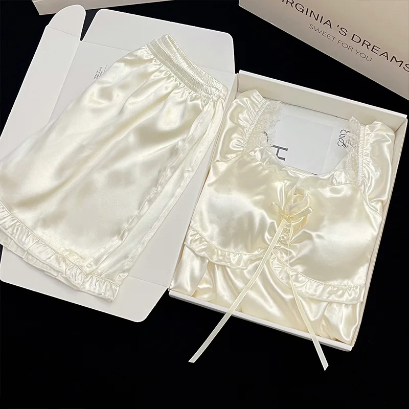 Ling Sleepwear For Women Simple Princess Style Summer Suspender Pajamas With Bra Pad Two-piece Set Thin Ruffled Home Clothes