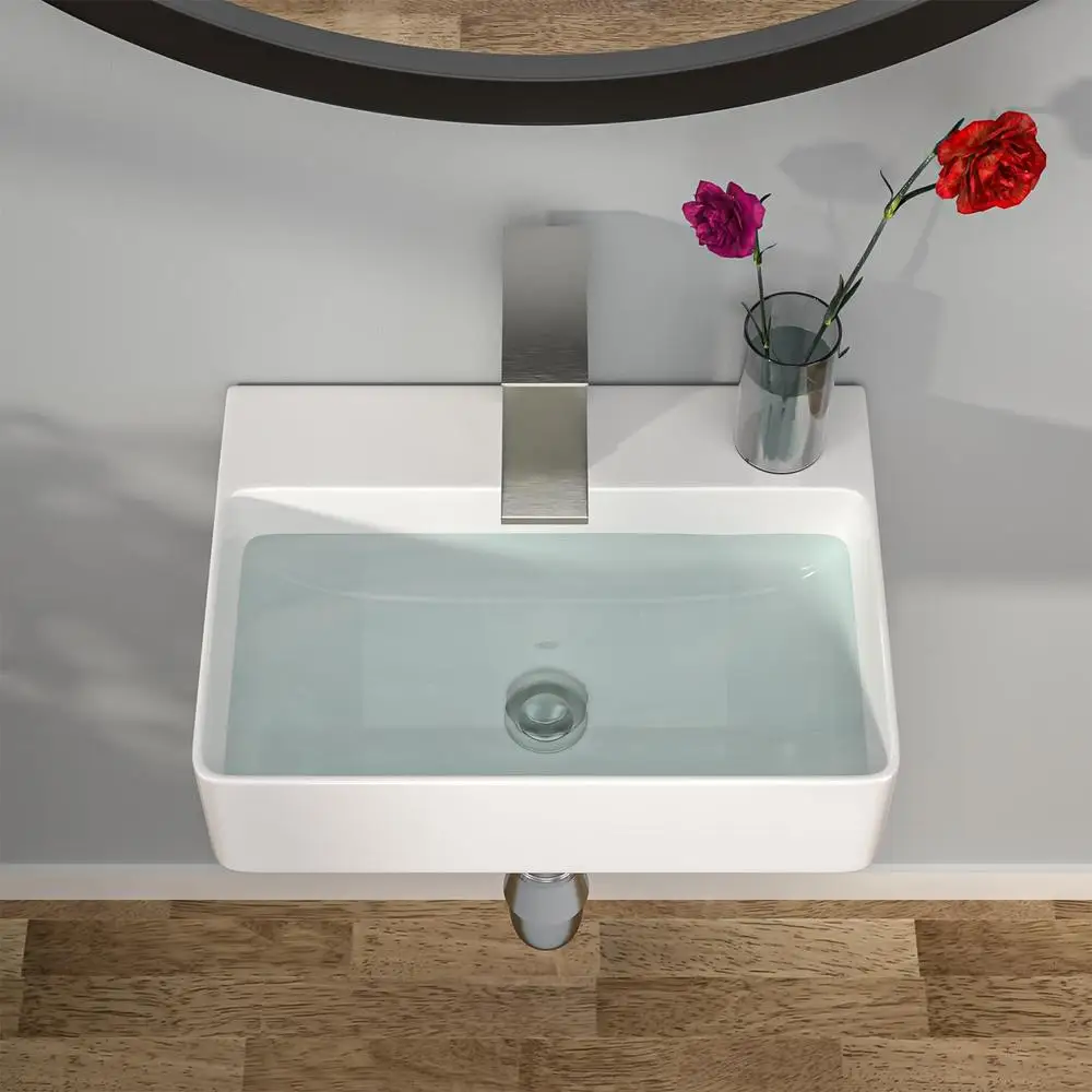 Rectangle Vessel Sink Wall Mounted White Porcelain Ceramic 14" x 10" Modern Bathroom Hung Easy Clean Sturdy Durable Fast Install 4