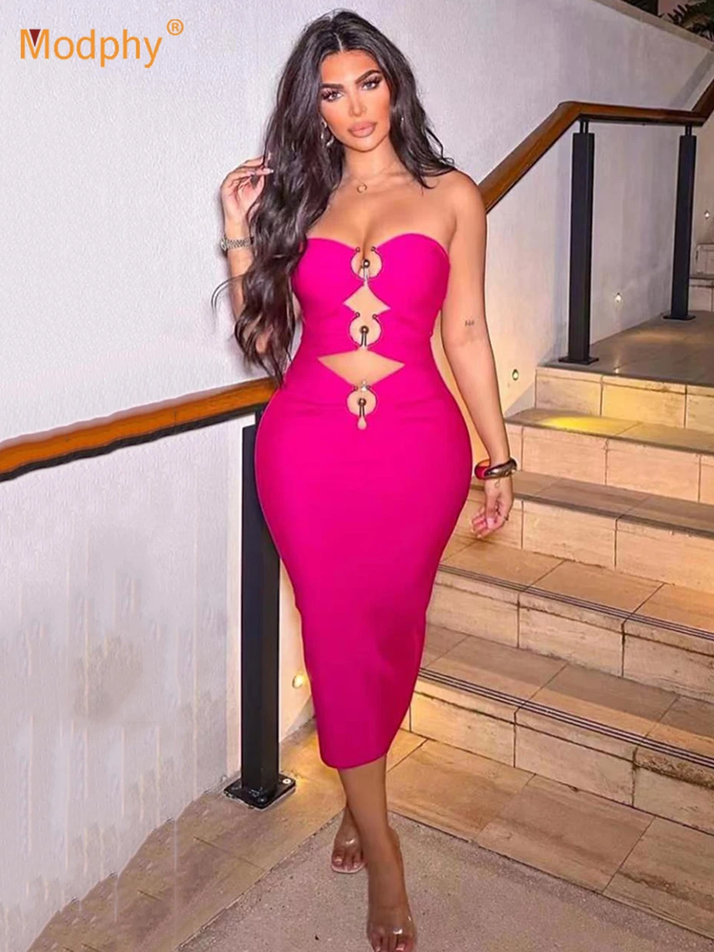 

Modphy 2023 Ladies Strapless Metal Ring Hollow Out Bodycon Midi Dress Women Sexy Sleeveless Backless Fashion Club Party Dress