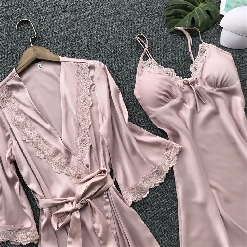 Women Pajamas 2PCS Leepwear Female Pajamas Set Satin Home Pyjamamas Lace Robe Sleep Suit V-Neck Wedding Nightwear Wear Nighty&Rob