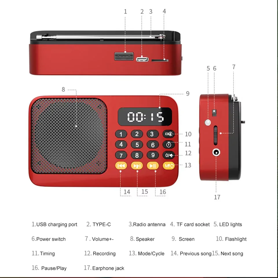 휴대용 충전식 디지털 FM USB TF MP3 플레이어 휴대용 라디오 음악 플레이어 스피커 장치 LED 디스플레이 라디오 포함