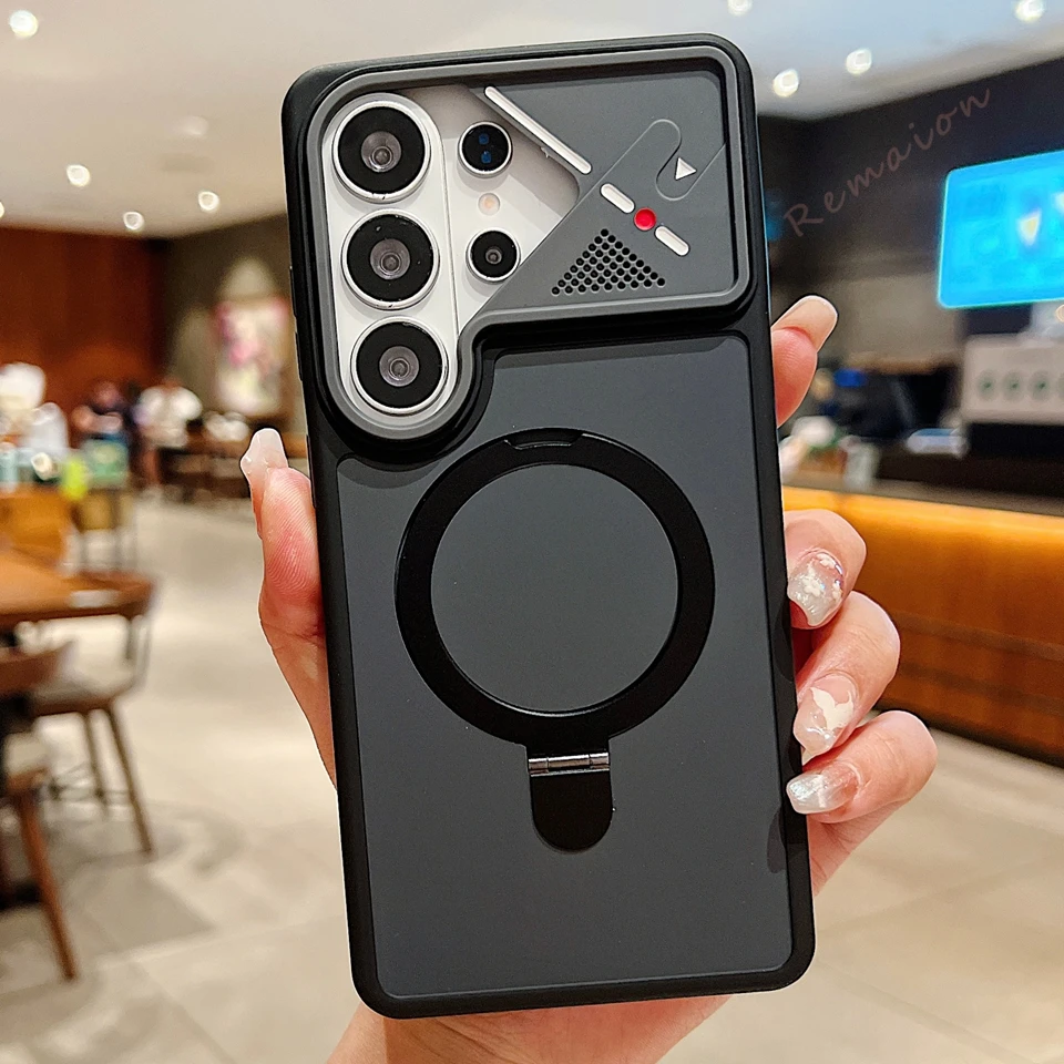 Luxury Matte Magnetic Phone Case with 360° Rotating Stand and Mech Style Design