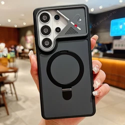 Luxury Matte Magnetic Phone Case with 360° Rotating Stand and Mech Style Design - Galaxy S26 Plus (Black)