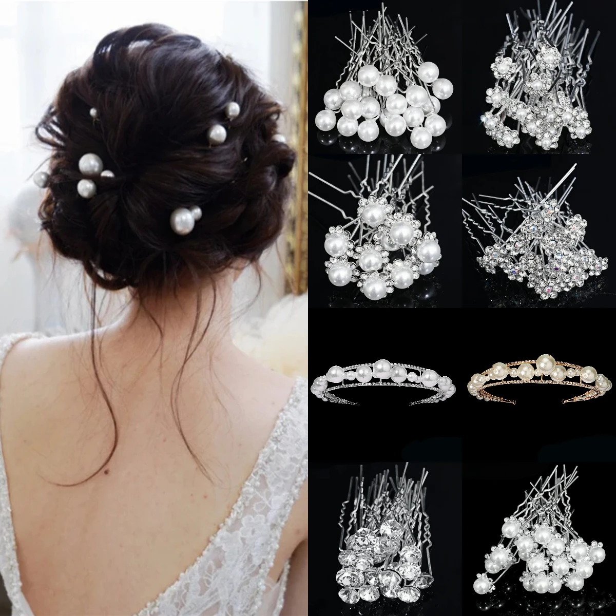 Fashion U-shaped Pin Metal Barrette Clip Pearl Hairpins For Bride Flower Clear Crystal Tiara Wedding Jewelry Hair Accessories hair accessories bridal hair accessories bridal jewelry set