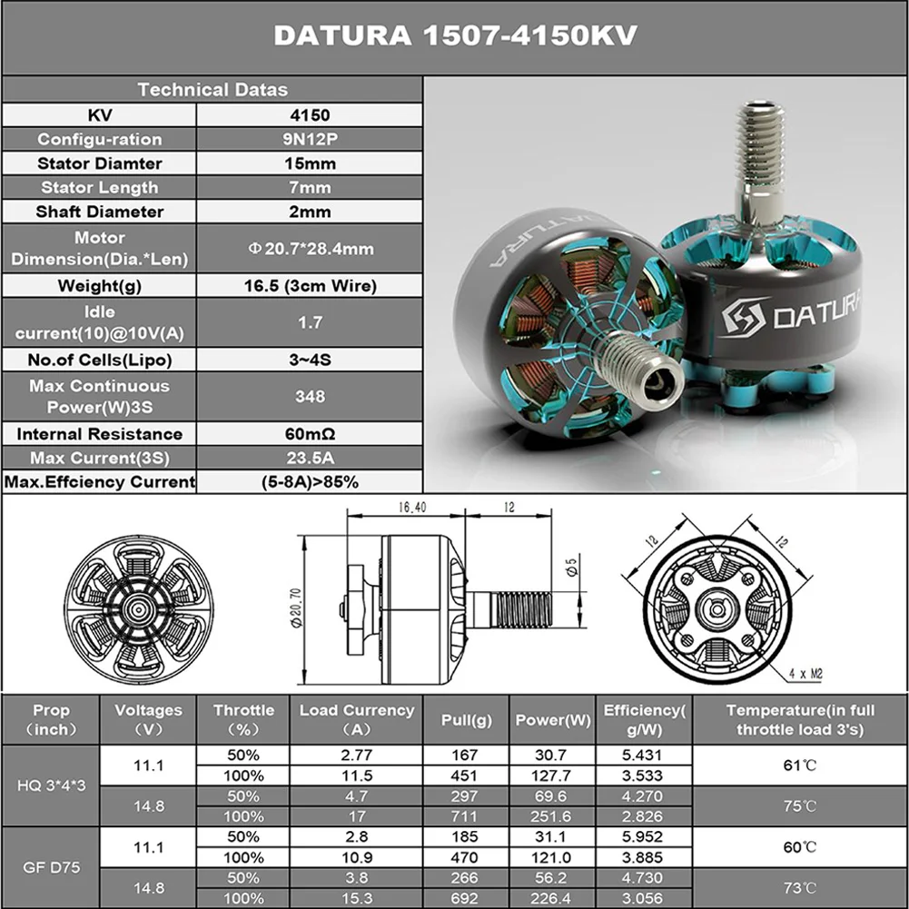Foxeer Datura 1507 4150KV 2750KV 4-6S Brushless Motor Compatible 3-5inch Propeller for RC FPV Freestyle Cinewhoop Ducted Drone