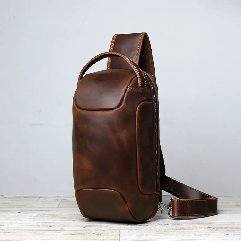Men's Leather Retro Chest Bag Crazy Horse Leather Sports Crossbody Bag Top Layer Cowhide Large Capacity Single Shoulder  Bag