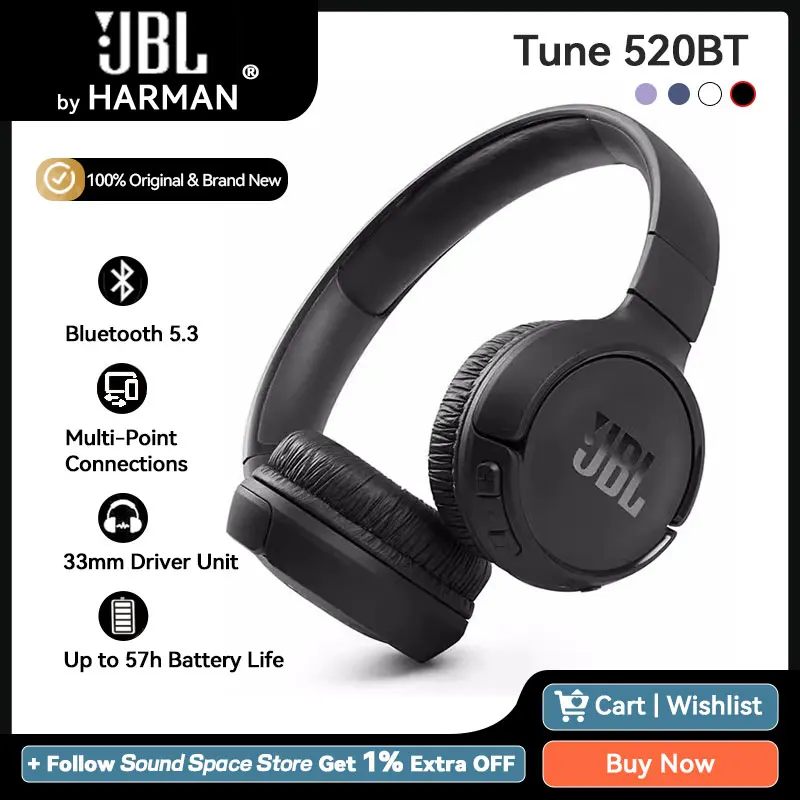 JBL Tune 520BT Wireless On-Ear Headphones, with JBL Pure Bass Sound,  Bluetooth 5.3 and Hands-Free Calls, 57-Hour Battery Life, in Purple