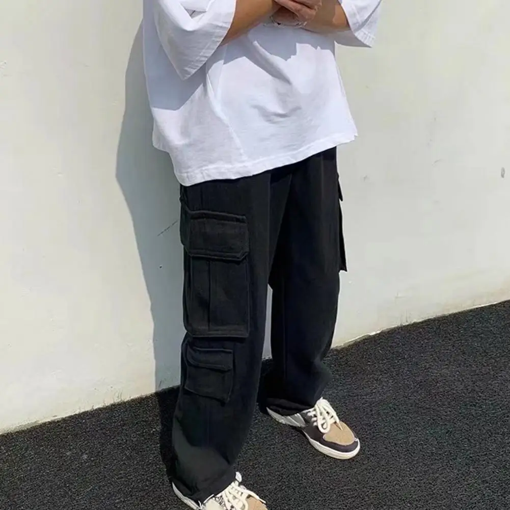 Description Picture 2 of itemTrendy Cargo Pants Vintage Straight Wide Leg Solid Color Casual Trousers Multi Pockets Lightweight Casual Pants Streetwear