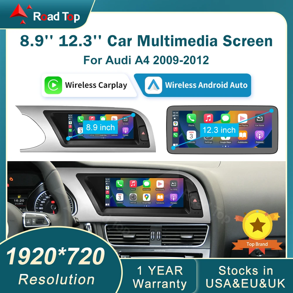 RoadTop 8.9 12.3 Inch Wireless CarPlay Multimedia Ultra-thin Screen Android Auto For Audi A4 2009-2012 Airplay Autolink Function 1