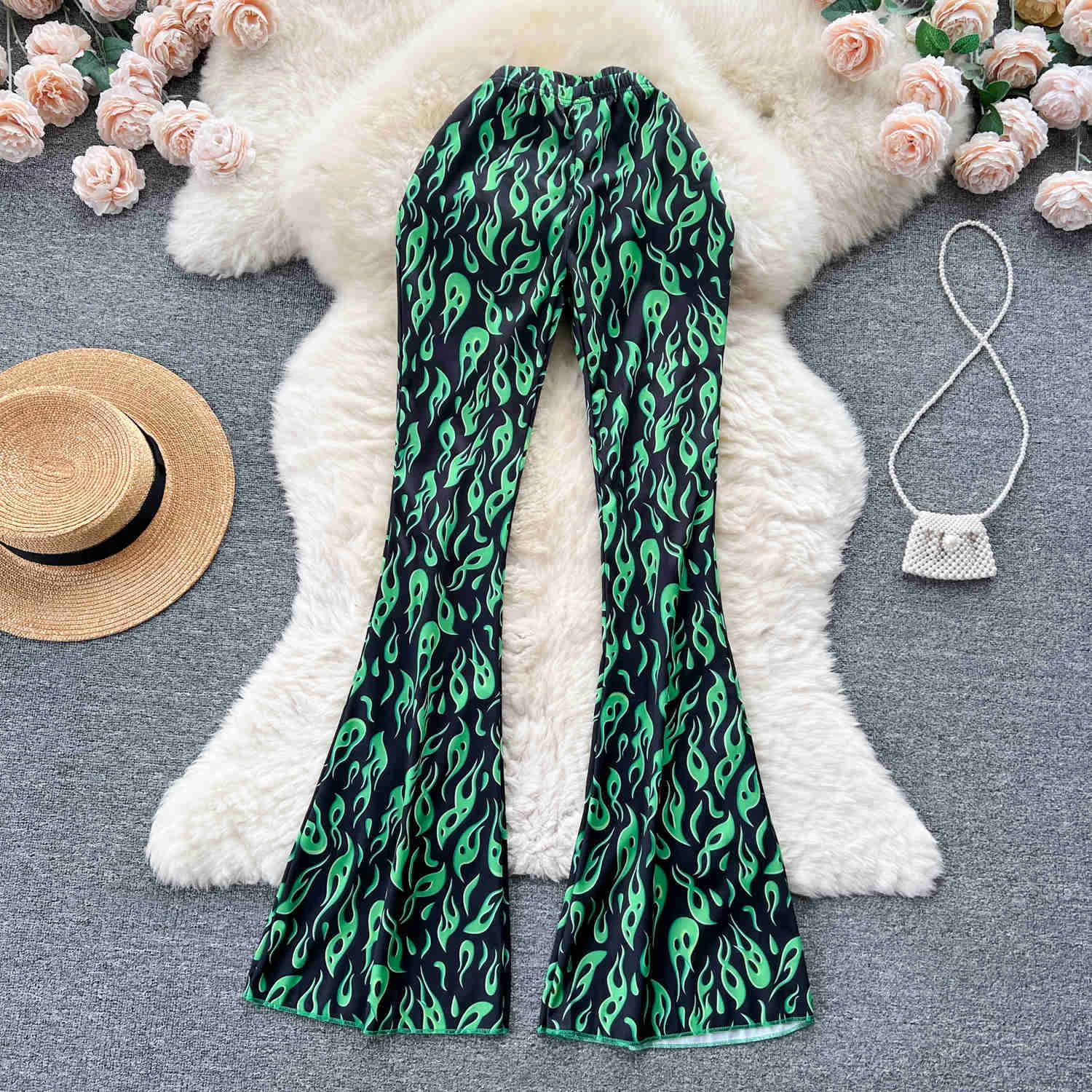 Printed Pants Green Flare Pants Outfit New Summer Chic Women's