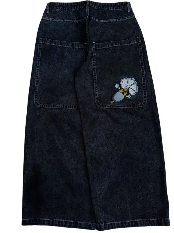Retro American High Street Embroidered Jeans Black Baggy