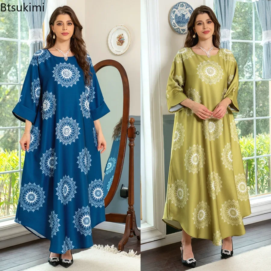 

New 2024 Women's Ramadan India Muslim Dress Women Eid Floral Print Abaya Dubai Arabic Vestidos Moroccon Kaftan Islamic Clothing