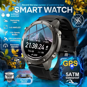 2026New Outdoor Military GPS SmartWatch1.43"Screen 10ATM Waterproof Built-in Dual-band GNSS Compass Swim Sport Smart Watches Men