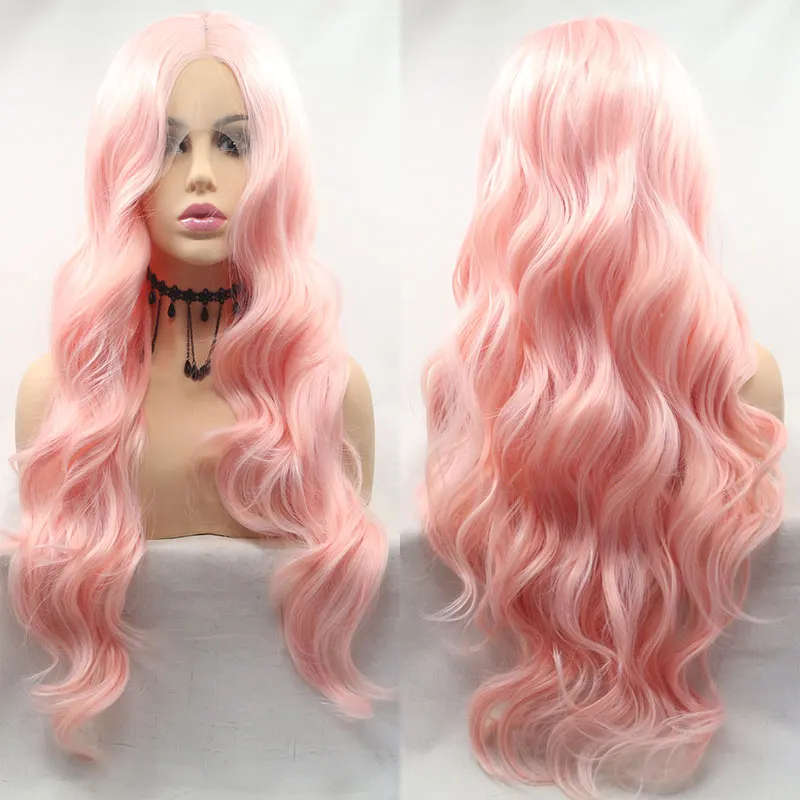 

Bombshell Pink Loose Wave Synthetic Hair Lace Front Wig Glueless Heat Resistant Fiber Hair Frontal Wigs For Fashion Women Wigs