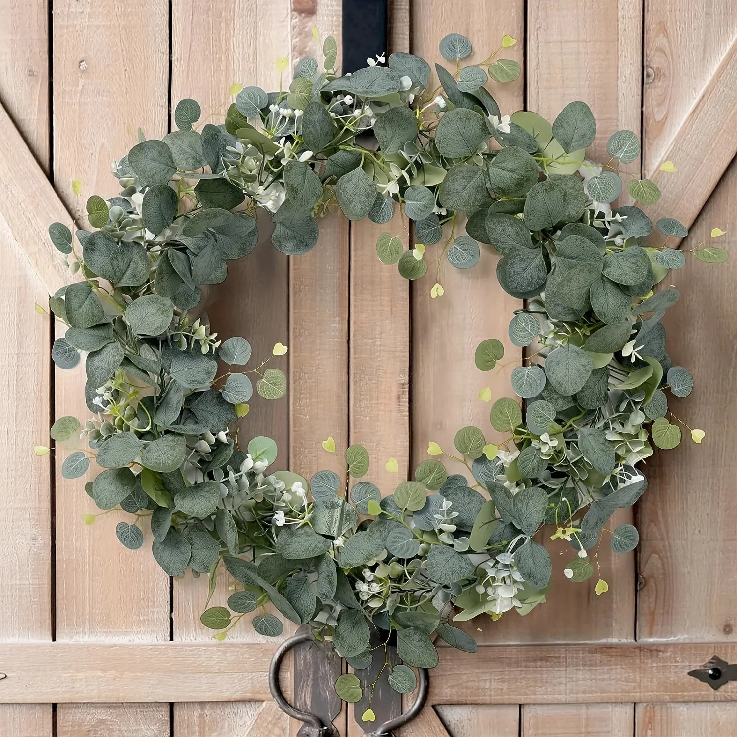 1 Stück künstliche Eukalyptusblätter, grüne Girlande, gefälschte Pflanzenrebe mit weißen Blumen, Beeren für Zuhause, Garten, Hochzeit, Party, Dekoration – Detail 13