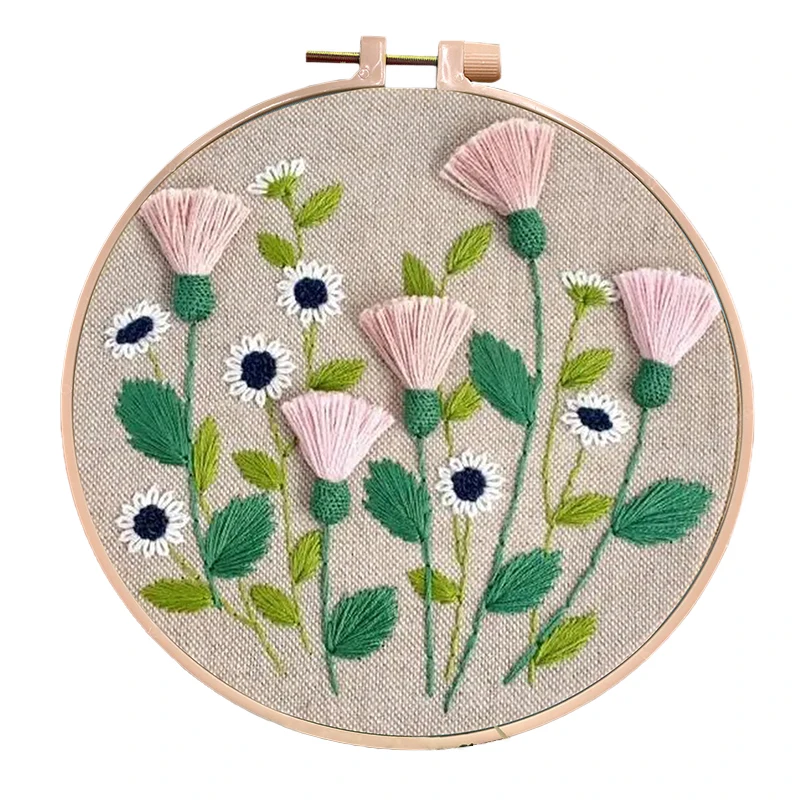 DIY Embroidery Kits with Embroidery Hoop Plant Flower Material Bag Needle Punch Flower Pattern Sewing Craft Kit