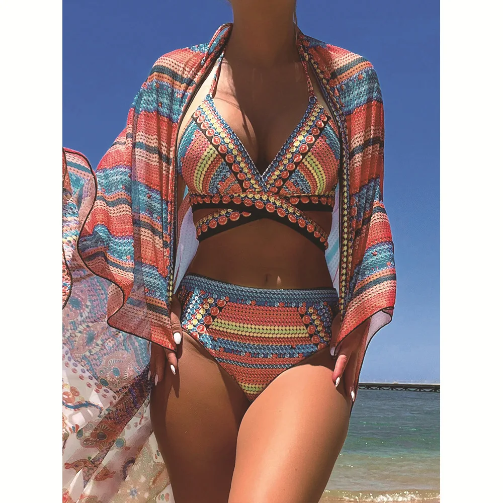 Nadanbao Cross Strap Bikini Dress Sets Women Swimwear High Waist Bodysuit Female Netting Beach Party Three-Piece Set Bikini