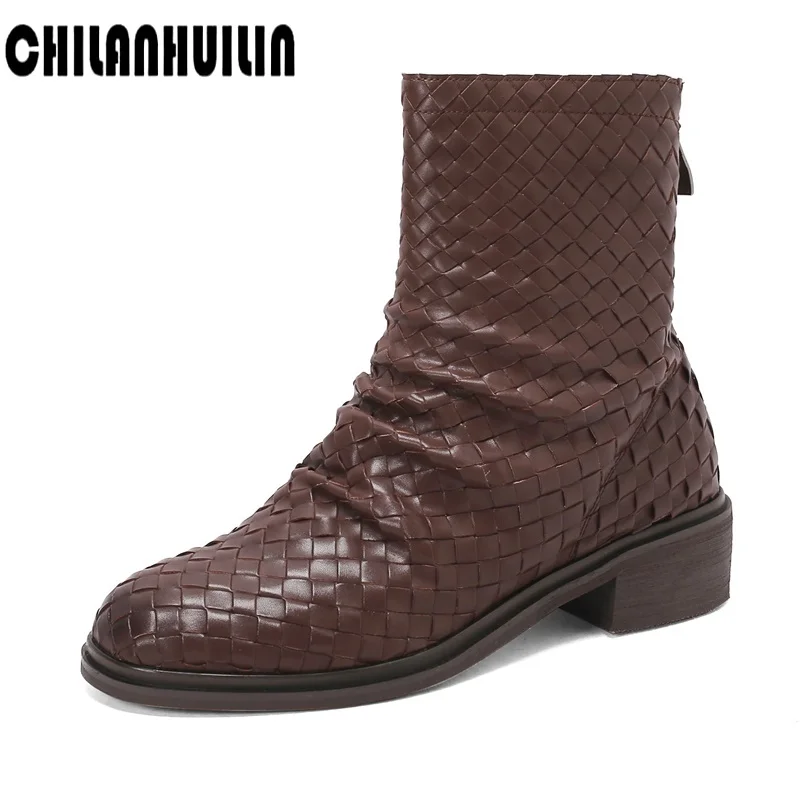 

fashion retro design weave original genuine leather ankle boots for women western boots brown black autumn winter botas mujer