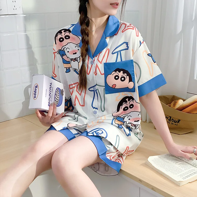 Ins Cute Crayon Xiaoxin Ice Silk Pajamas for Women with Chest Pads Summer Luxury Cardigan Short Sleeves Wearing Home Fury