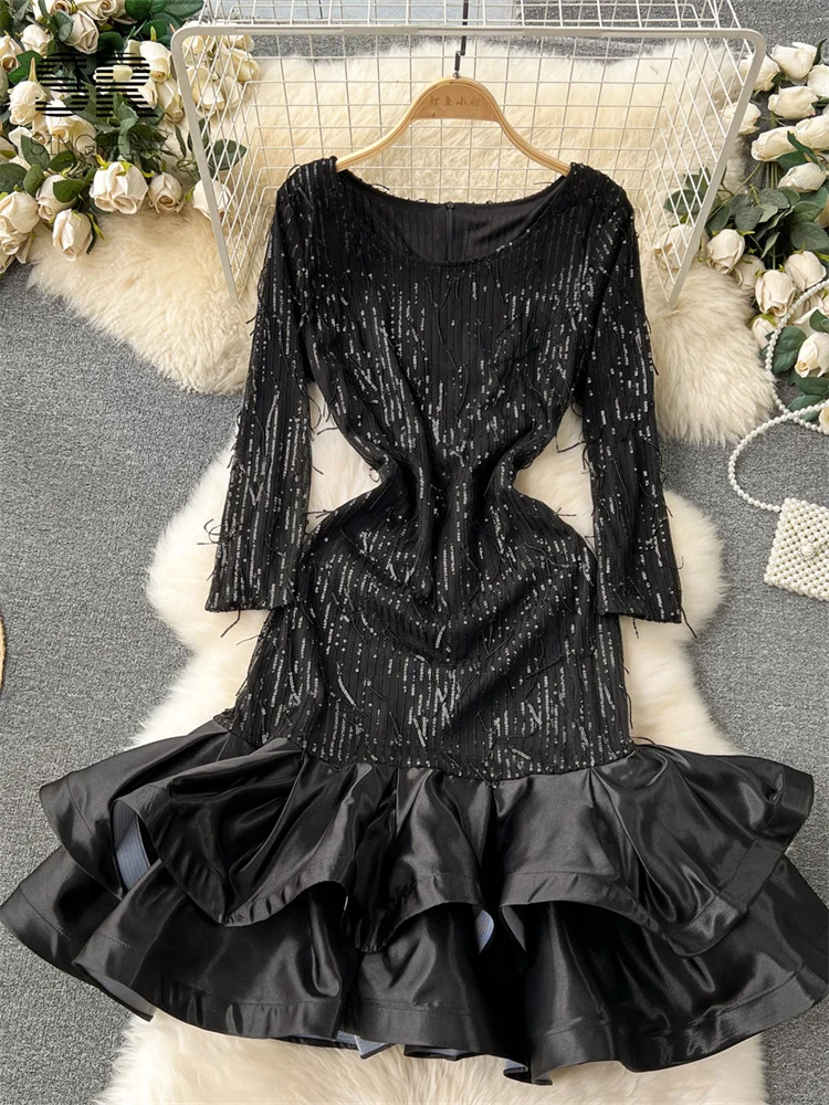 SINGREINY Sequines Patchwork Satin Evening Dress Women O Neck Zipper