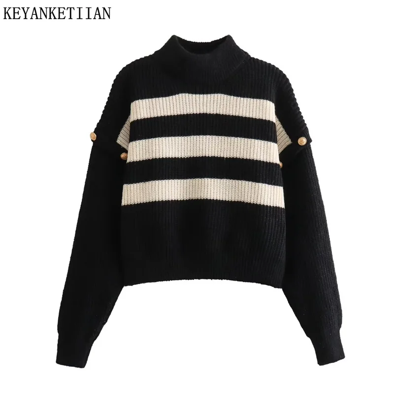 

KEYANKETIAN 2024 New Launch Buttons Decoration Women's Mock Neck Striped Sweater Street style Coarse Yarn Knitted Top Pullover