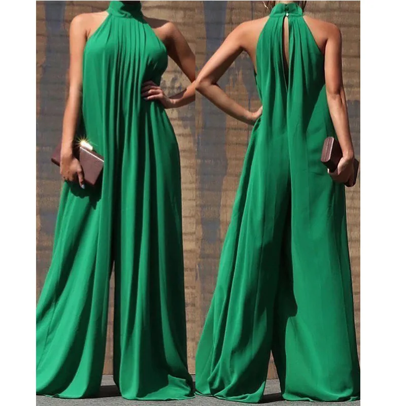 

Summer Women's Jumpsuit 2023 New Green Sexy Sleeveless Hanging Neck Backless Loose One-Piece Mopping Pants Free Shipping