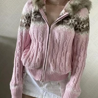 Fair Isle Aesthetic Womens Autumn Winter Knitted Sweater Casual Chic Fur Collar Hooded Cardigan Pullover Harajuku Y2K Streetwear 1