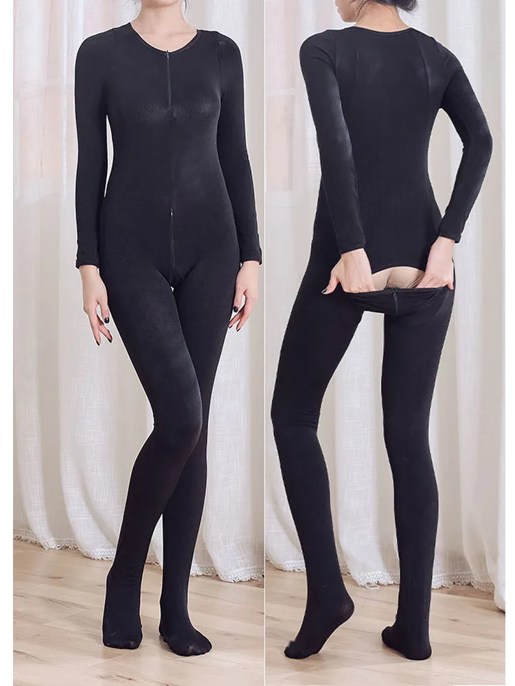 Unisex Zipper Open Crotch Bodysuit Without Thin Thick Fleece Thermal Bodystocking Tights Sexy Leotard Conjoined Pijamas Lingerie