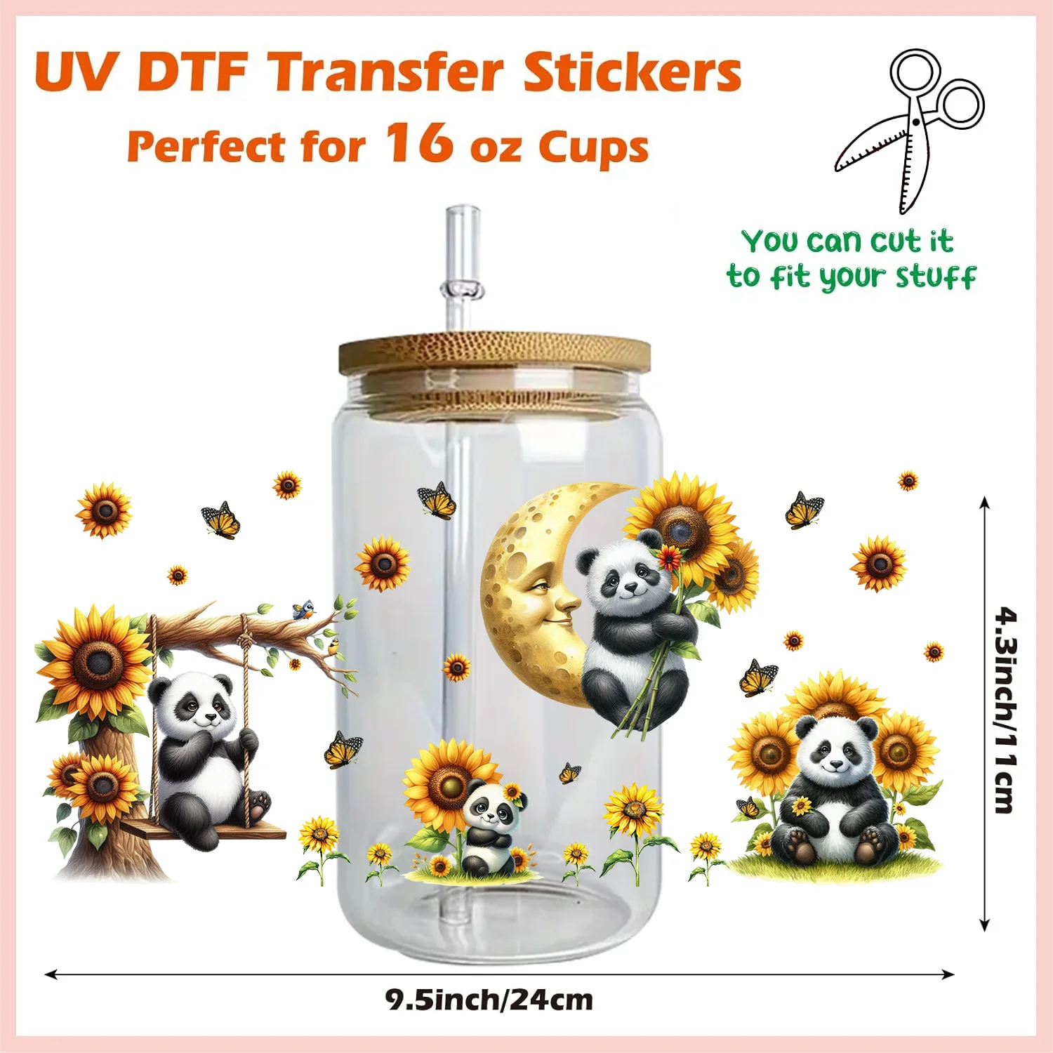 Cute Panda Stickers Series easy peel waterproof DIY Decals Retro Beauty 3D transfers uvdtf crystal sticker 16oz uv dtf cup wraps